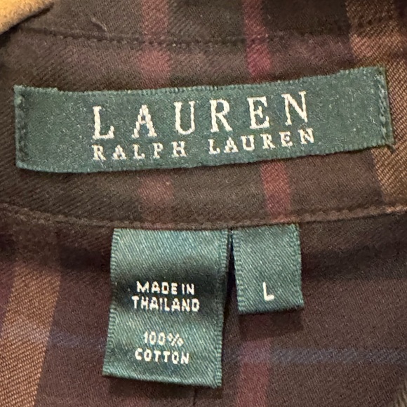 Vintage Ralph Lauren Brown tan plaid button-up shirt elbow patches. Size large. - Picture 5 of 5